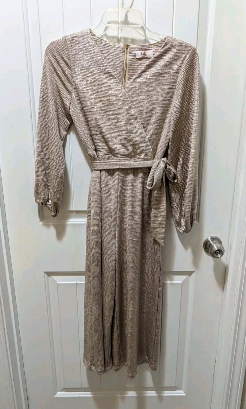 GB Girls Sparkly Gold Metallic Knit Long Sleeve Jumpsuit Size 12 Belted